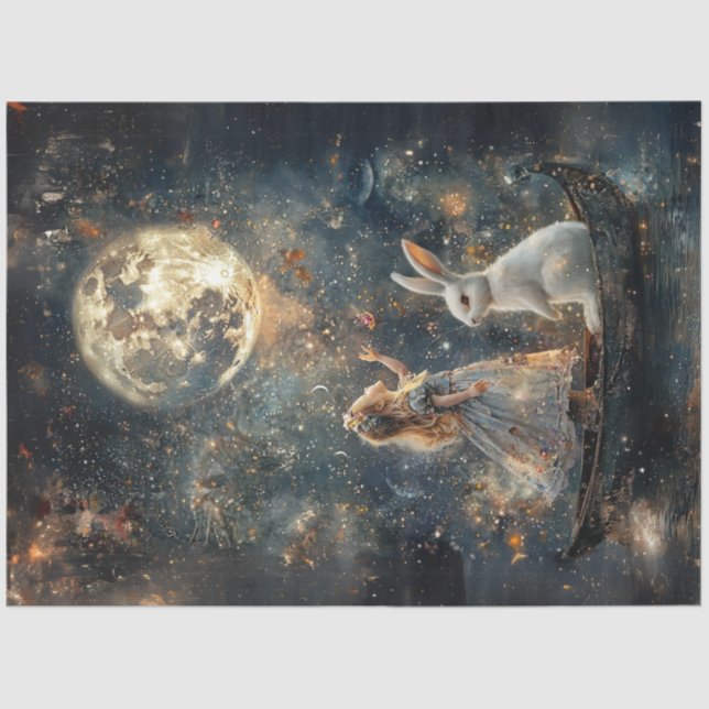 Decoupage Whimsical Girl Rabbit Moon Night Scene Tissue Paper (Front)