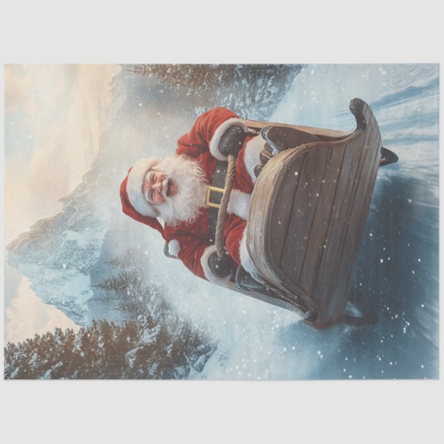 Decoupage Whimsical Happy Santa Sledding in Snow Tissue Paper (Front)