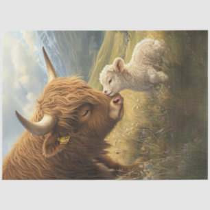 Decoupage Whimsical Highland Cow and Calf in Field Tissue Paper