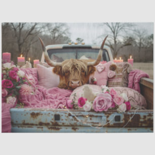Decoupage Whimsical Highland Cow Truck Pink Settin Tissue Paper