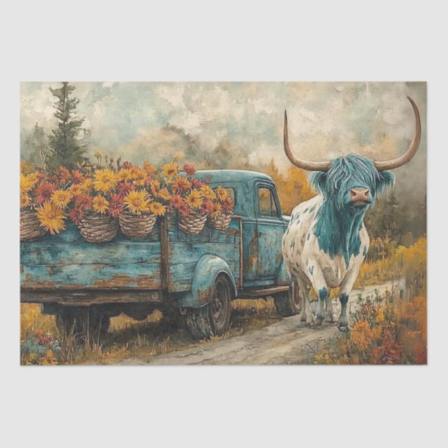 Decoupage Whimsical Highland Longhorn & Flowers Tissue Paper (Front)