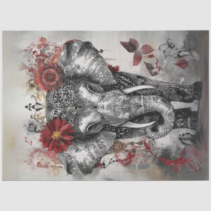 Decoupage Whimsical Intricate Elephant Red Black  Tissue Paper