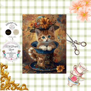 Decoupage Whimsical Kitten Ornate Teacup Tissue Paper