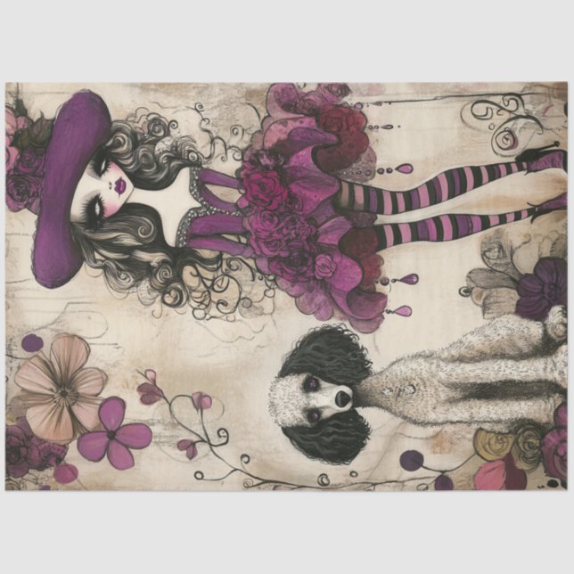 Decoupage Whimsical Little Purple Girl & Poodle Tissue Paper (Front)