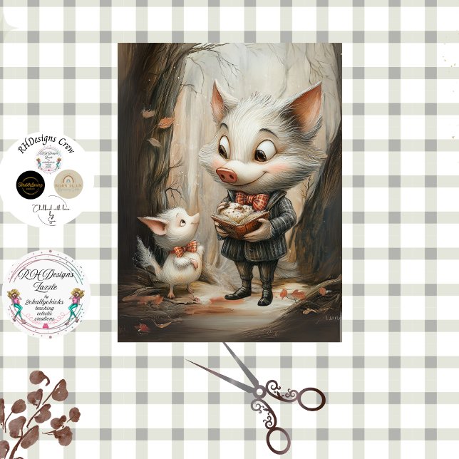 Decoupage Whimsical Pig Duo in Forest Tissue Paper (Creator Uploaded)