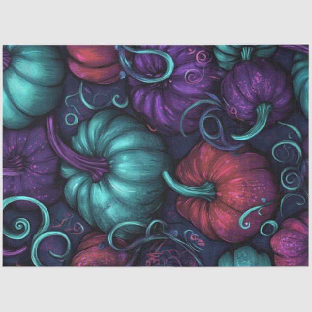 Decoupage Whimsical Pumpkins Purple Teal Red's  Tissue Paper (Front)