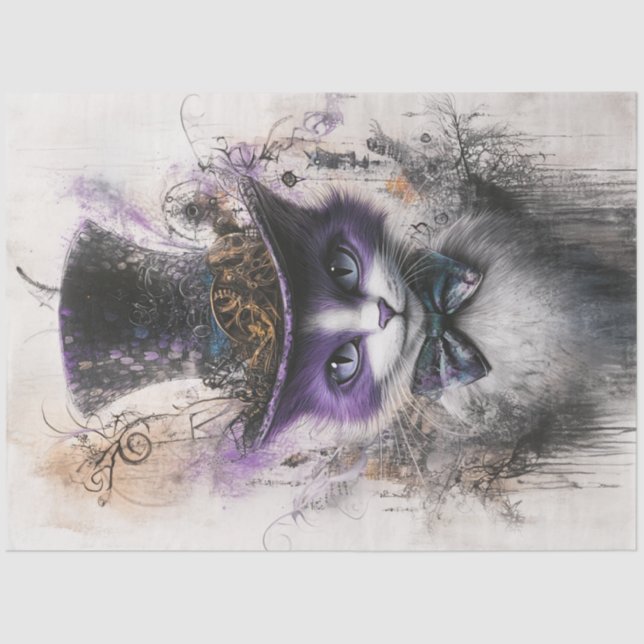 Decoupage Whimsical Purple Black Cat Top Hat Tissue Paper (Front)