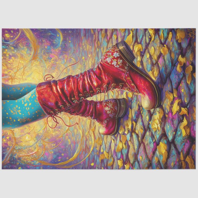 Decoupage Whimsical Red Boots Fantasy Artwork Tissue Paper (Front)