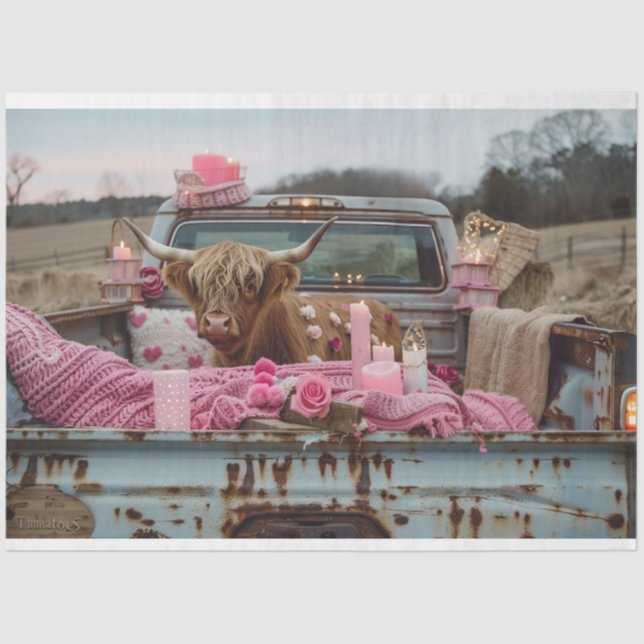 Decoupage Whimsical Romantic Setting Highland Cow Tissue Paper (Front)