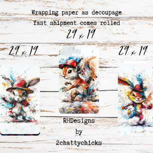 Decoupage Whimsical Splash Painted Rabbit Squirrel Wrapping Paper Sheet