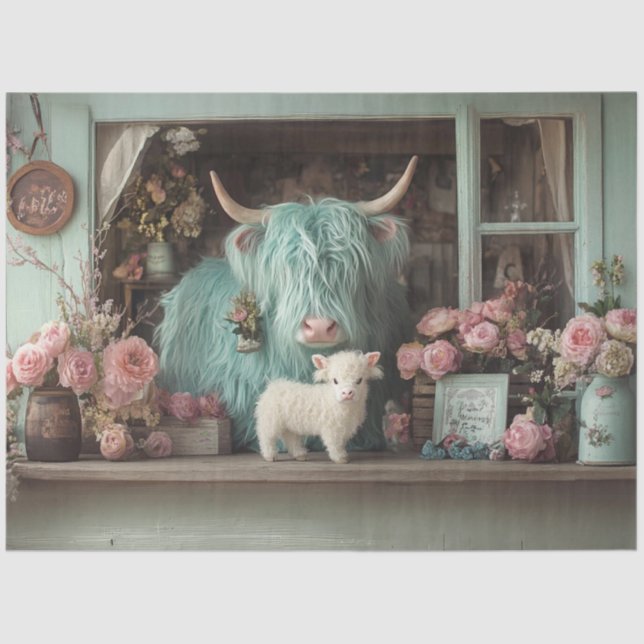 Decoupage Whimsical Teal Highland and Calf Flowers Tissue Paper (Front)