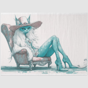 Decoupage Whimsical Teal White Cat in A Chair Tissue Paper