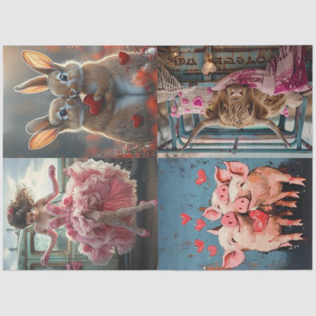 Decoupage Whimsical Valentine Rabbits Pigs Cow Tissue Paper (Front)
