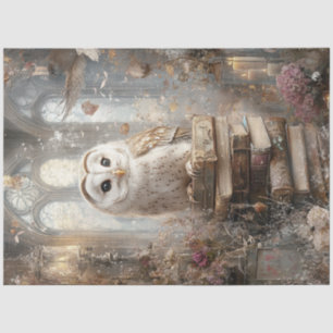 Decoupage Whimsical White Barn Owl Books Artwork  Tissue Paper