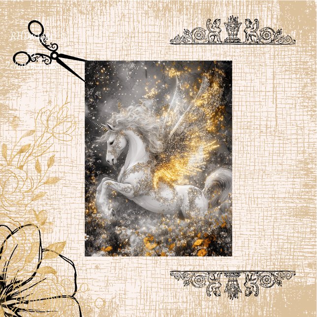 Decoupage Whimsical White Unicorn Golden Patterns  Tissue Paper (Creator Uploaded)