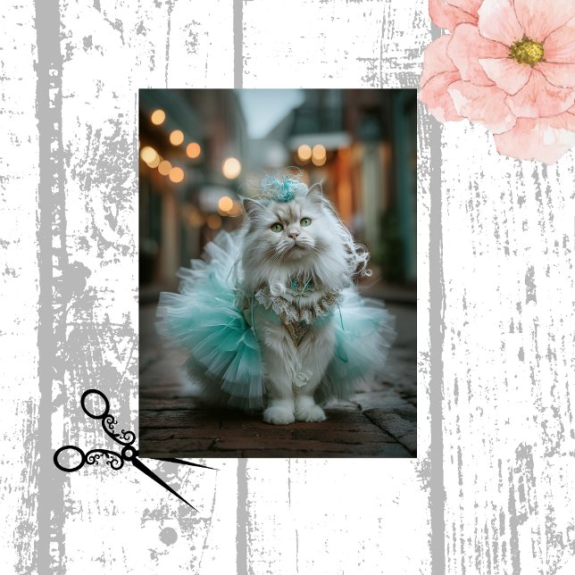 Decoupage White Feline Cat Teal Tutu Walking  Tissue Paper (Creator Uploaded)