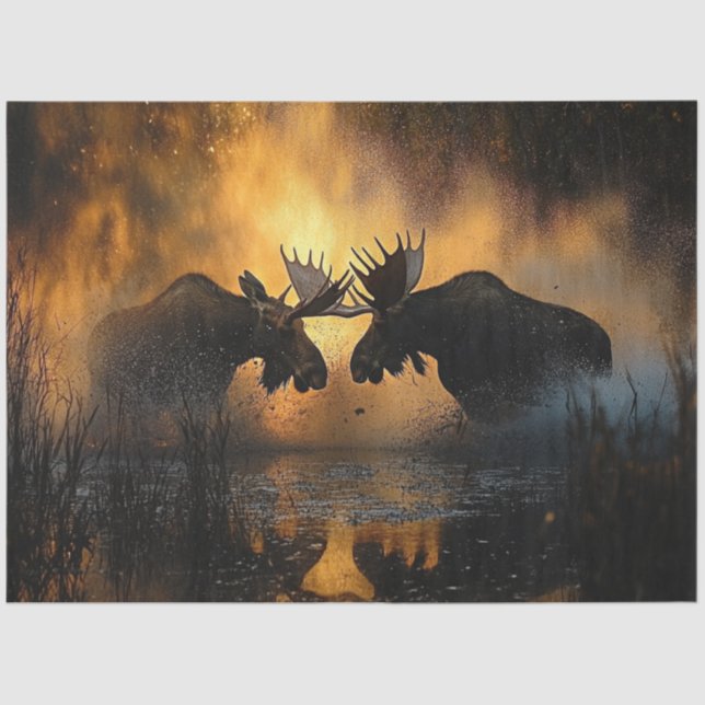 Decoupage Wildlife 2 Moose Fighting Sunset Scene Tissue Paper (Front)