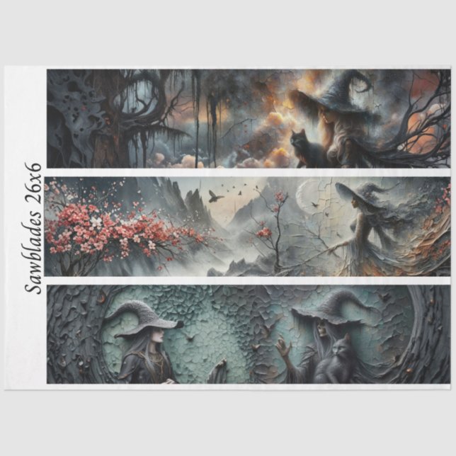 Decoupage Witch Cat Moon Cherry Blossom Handsaw  Tissue Paper (Front)