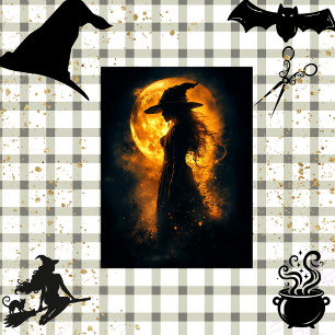 Decoupage Witch Silhouette Glowing Orange Moon Tissue Paper