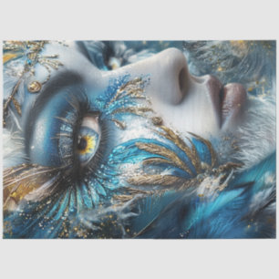 Decoupage Woman Intricate Headpiece Teals Gold Tissue Paper
