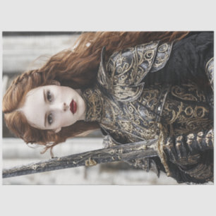 Decoupage Woman Red Hair Intricate Armour Sword Tissue Paper