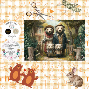 Decoupage Woodland Bear Family Twin Cubs Vintage Tissue Paper