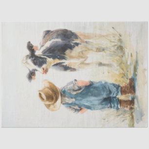 Decoupage Young Boy Pet Calf in Field Tissue Paper