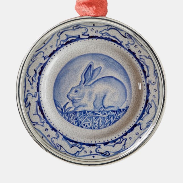 "Dedham Blue" Rabbit Blue & White Plate Ornament (Front)