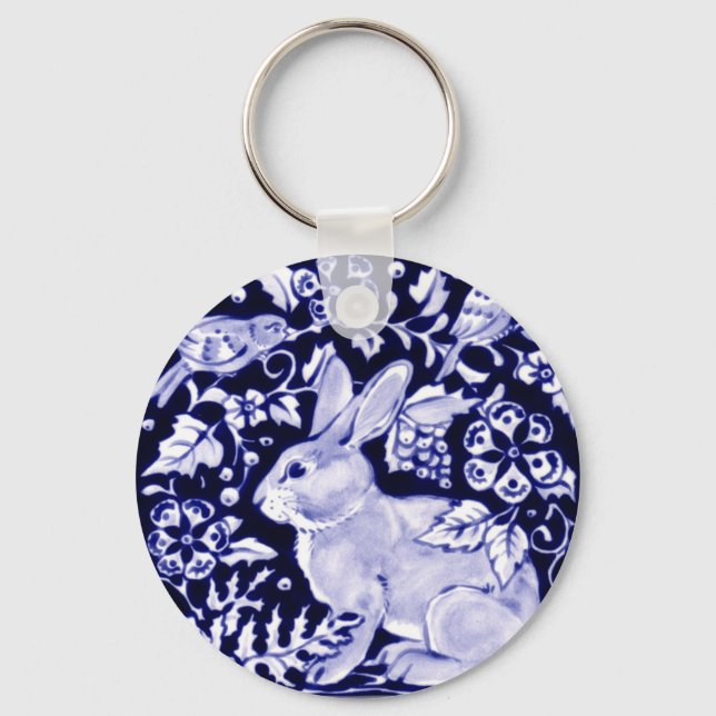 Dedham Blue Rabbit, Classic Blue & White Design Key Ring (Front)