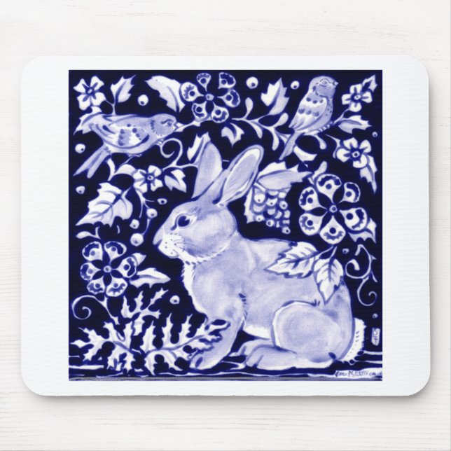 Dedham Blue Rabbit, Classic Blue & White Design Mouse Pad (Front)