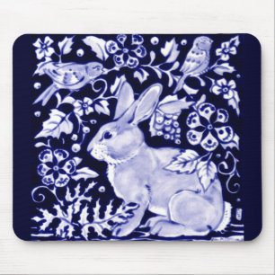 Dedham Blue Rabbit, Classic Blue & White Design  Mouse Pad