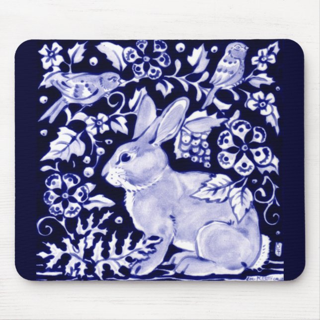 Dedham Blue Rabbit, Classic Blue & White Design  Mouse Pad (Front)