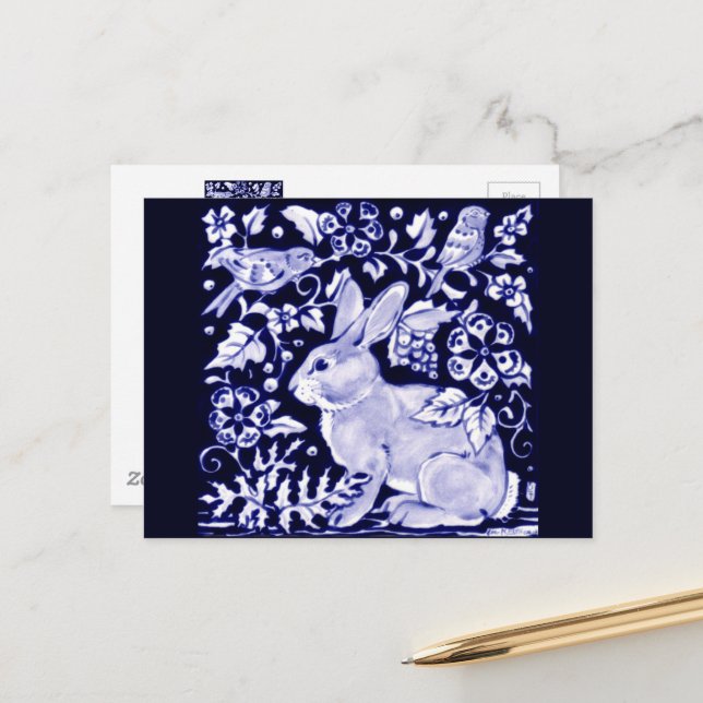 Dedham Blue Rabbit, Classic Blue & White Design Postcard (Front/Back In Situ)