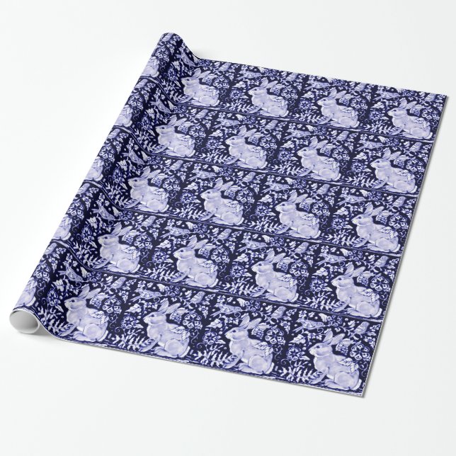 Dedham Blue Rabbit, Classic Blue & White Design Wrapping Paper (Unrolled)