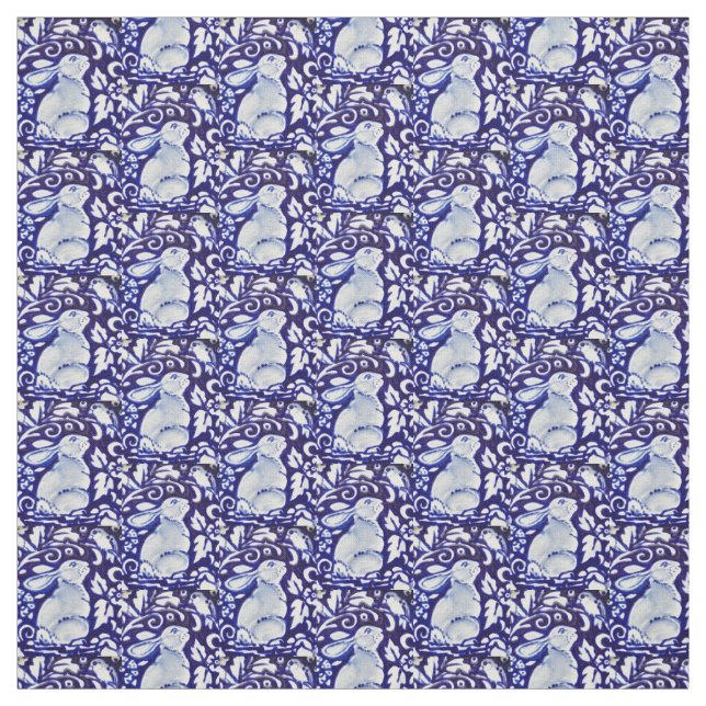 Dedham Blue & White Rabbit, Bird Designer Fabric (Swatch)