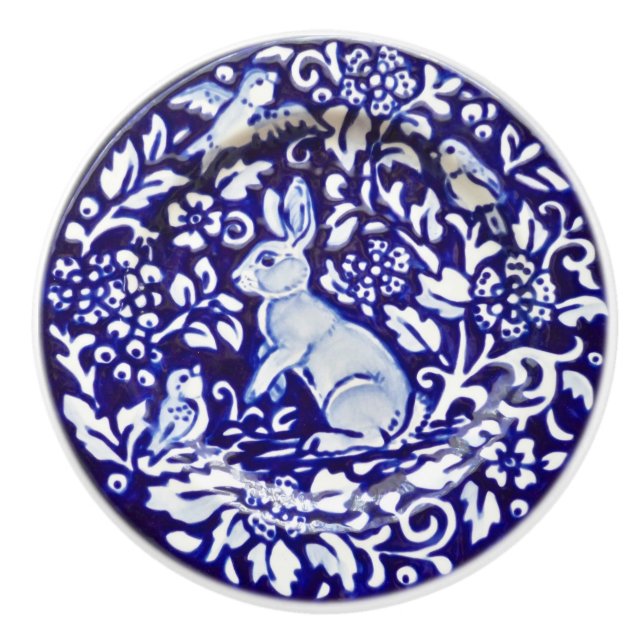 Dedham Blue White Rabbit Ceramic Drawer Pull Knob (Front)