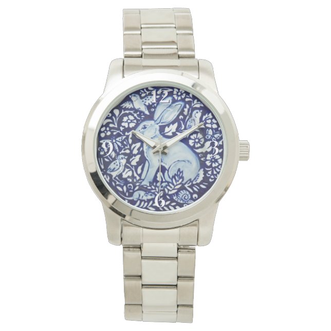 Dedham Cobalt Blue White Rabbit Bird Floral Watch (Front)