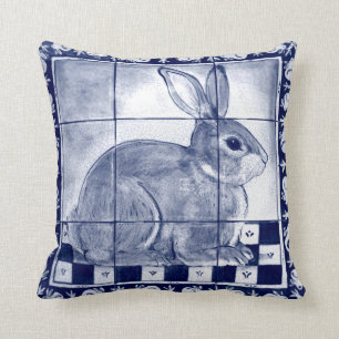 Dedham Rabbit Blue White Bunny Delft Tile Mural  Cushion