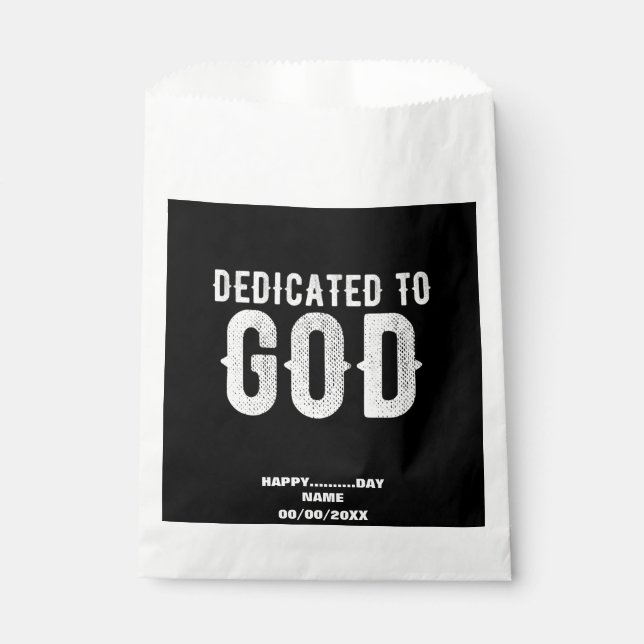 DEDICATED TO GOD COOL CUSTOMIZABLE WHITE  TEXT FAVOUR BAG (Front)