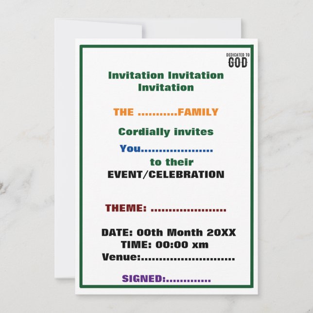DEDICATED TO GOD  CUSTOMIZABLE COOL BLACK TEXT INVITATION (Front)