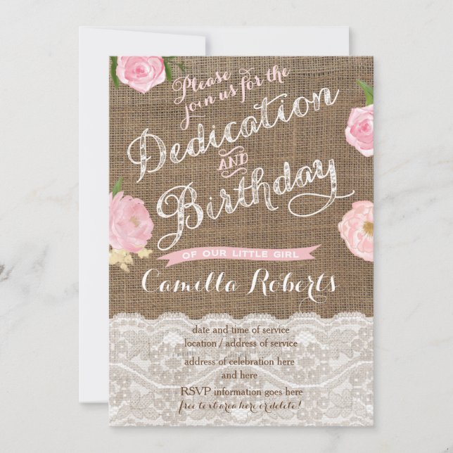 Dedication and Birthday Party Invite Card for girl (Front)