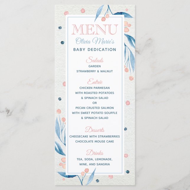 Dedication Celebration Menu Card, Blue, Blush Pink (Front)