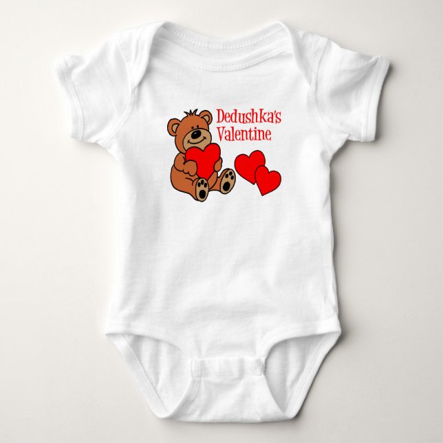 Dedushka's Valentine Cartoon Bear And Hearts Baby Bodysuit (Front)