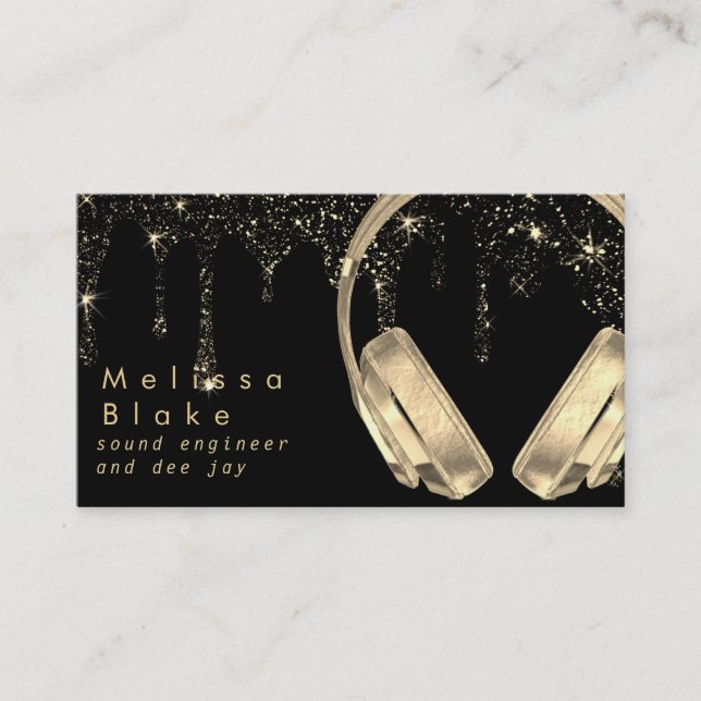 dee jay faux gold on black glitter drips business card (Front)
