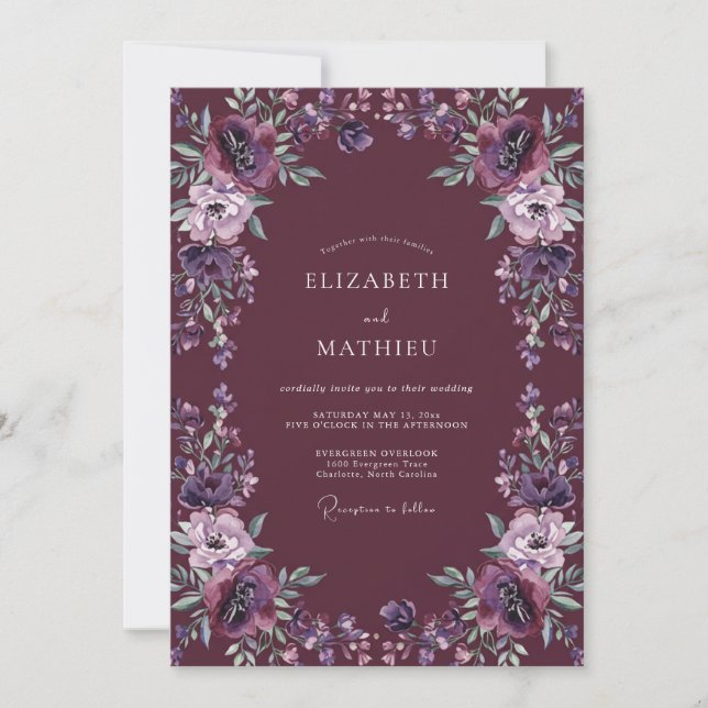 Deep Amethyst Dahlia Wedding Invitation (Front)