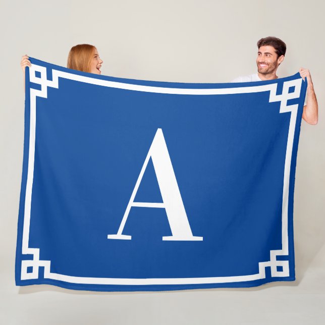 Deep and Blue White Greek Key Border Monogram A Fleece Blanket (In Situ)