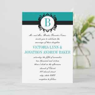 Deep Aqua Damask Monogram Wedding Invite