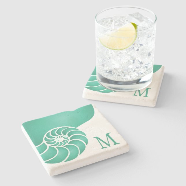 Deep Aqua Nautilus Shell with Monogram Stone Coaster (Side)