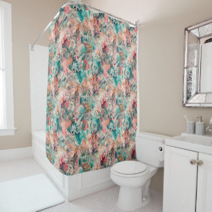 Deep Aqua, Peach, Mauve Floral Abstract Shower Curtain