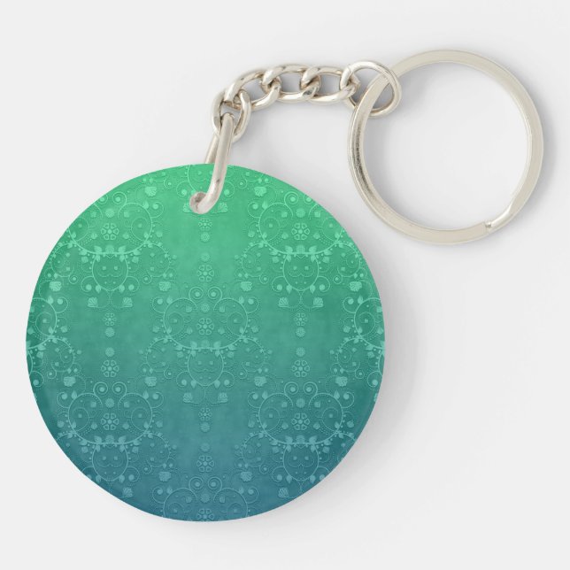 Deep Aquamarine Turquoise Green Damask Pattern Key Ring (Back)